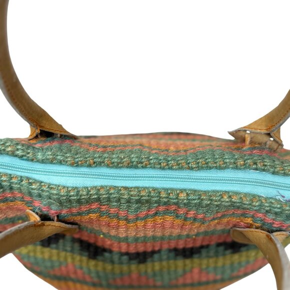 Vtg 1992 Cappelli Straworld Woven Stripe Tote Bag Leather Handles Zipper Close - Picture 7 of 11